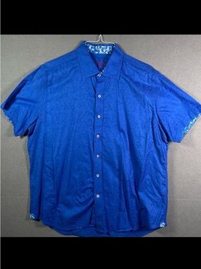 Robert Graham Shirt Mens 2XL Blue Paisley Short Sleeve Button Front Classic Fit